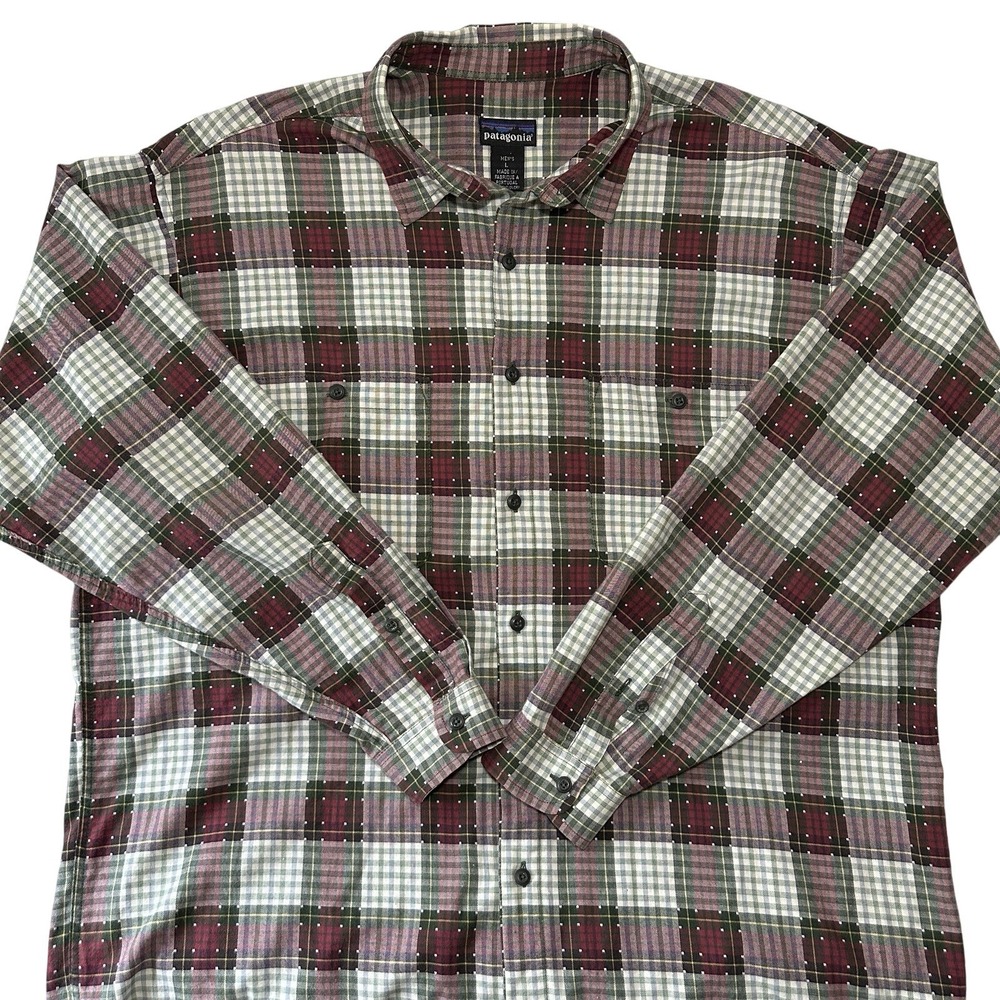 Patagonia Mens Long Sleeve Button Down Flannel Shirt‎ Plaid Maroon Green